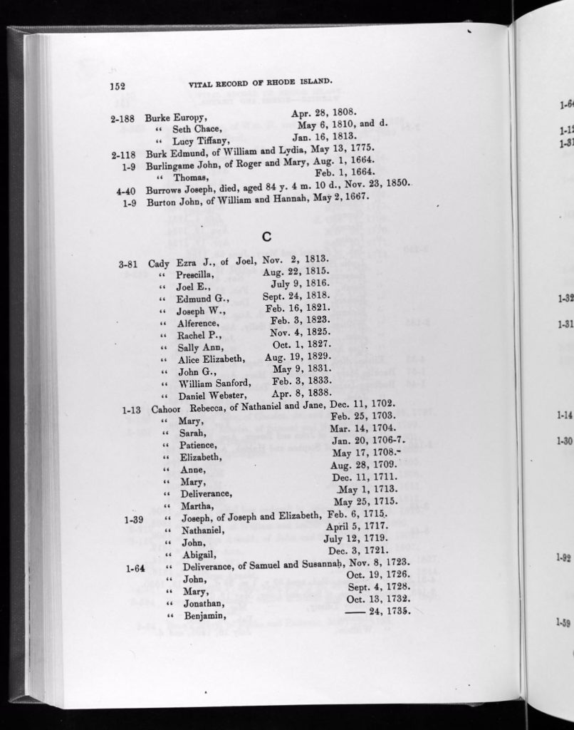 Rhode Island Vital Records, 1636–1850 - Town and Church Records (V.1-V.12). (Online database: AmericanAncestors.org, New England Historic Genealogical Society, 2014), Originally Published as: Vital record of Rhode Island 1636-1850: First Series: births, marriages and deaths: a family register for the people, by James N. Arnold. Providence, RI: Narragansett Historical Publishing Company. Page 152.