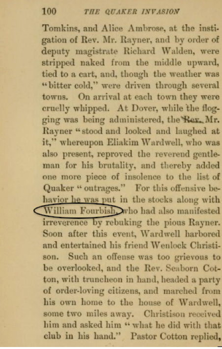 The Quaker Invasion of Massachusetts, Richard P. Hallowell, 1883, p. 100.