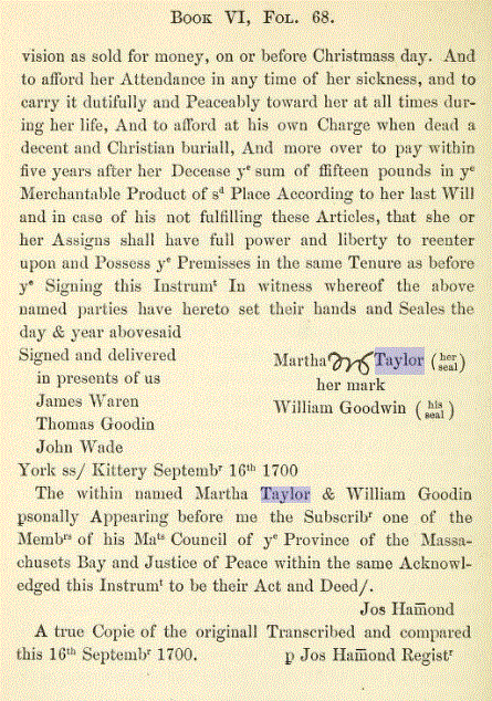 Image from York Deeds Book VI mentions Martha Taylor